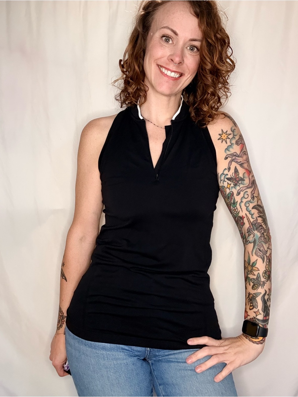 Athleta Black Sleeveless Zip-Notch Tank